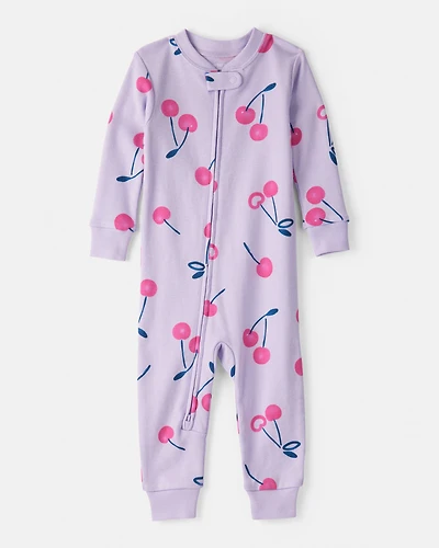 Toddler Girl Cherry 100% Cotton Snug Fit 1-Piece Pajamas - Purple