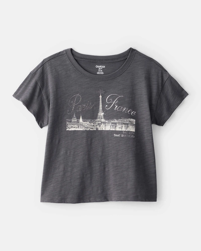 Girls Paris Cotton Short-Sleeve Graphic Tee - Grey