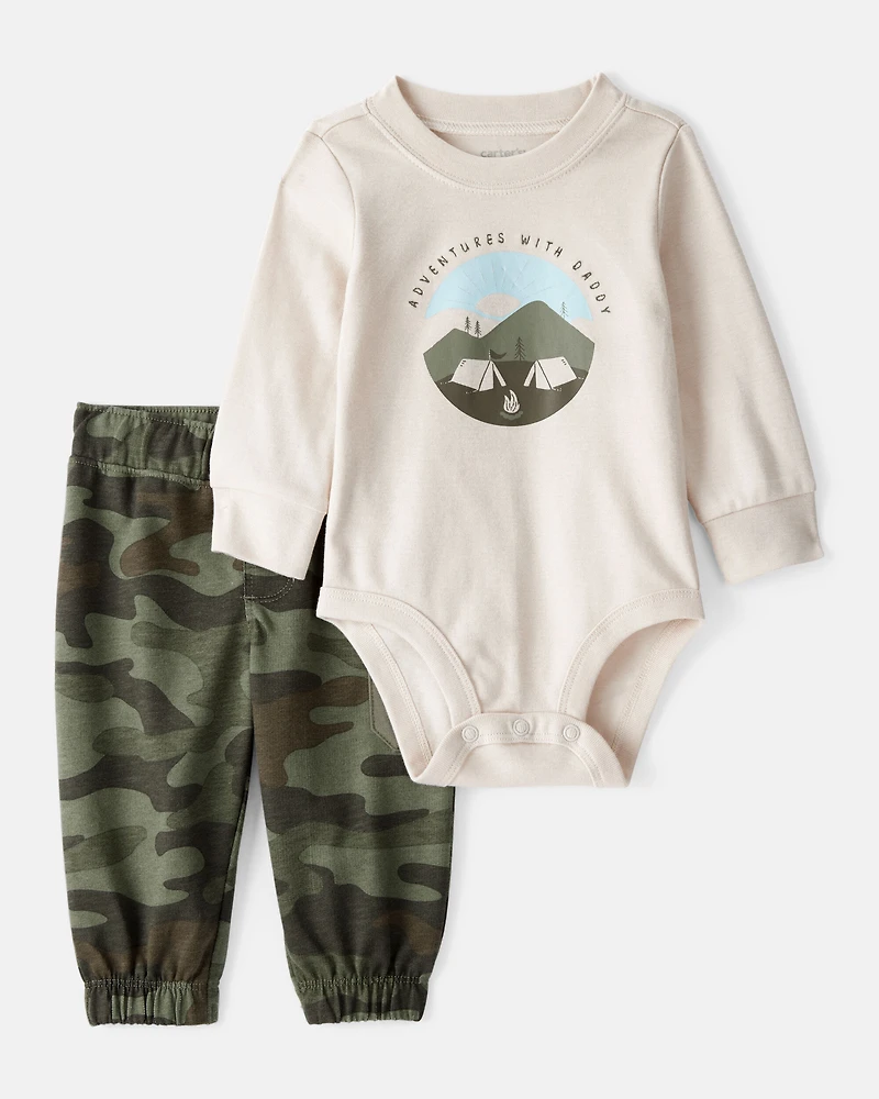 Baby Boy Camping Camo Cotton Long-Sleeve Bodysuit & Pant Set - Green/Beige