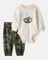Baby Boy Camping Camo Cotton Long-Sleeve Bodysuit & Pant Set - Green/Beige