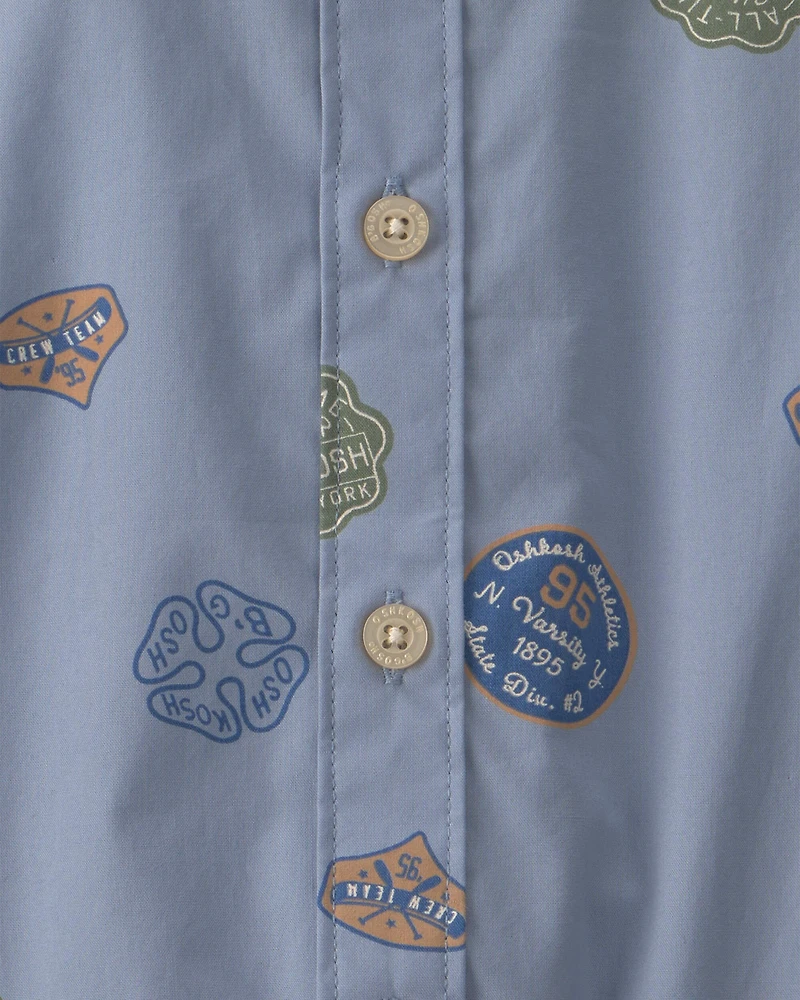 Baby Boy Patchwork Poplin Short-Sleeve Button-Down Bodysuit - Blue