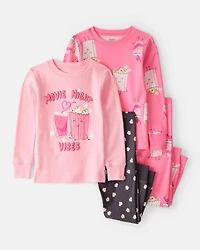 Toddler Girl Movie Print 100% Cotton Long-Sleeve 4-Piece Pajamas - Pink/Black