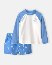 Toddler Boy 2-Piece Long-Sleeve Rashguard & Sailboat Swim Trunks Set - Blue/White
