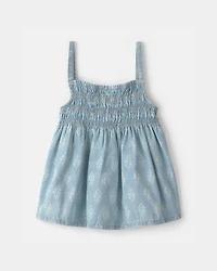 Girls Chambray Floral Smocked Tank Top
