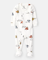 Baby Boy Helicopter Print DreamPlush Snug Fit Long-Sleeve 2-Way Zip 1-Piece Pajamas - White