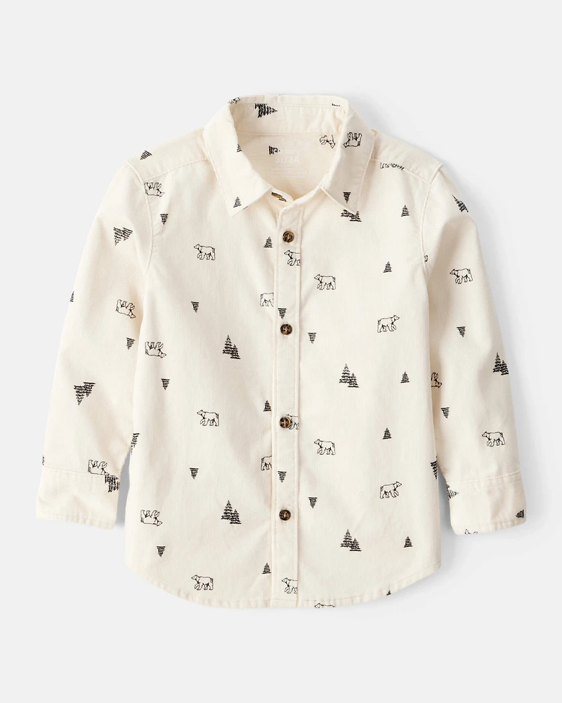 Toddler Boy Winter Print Corduroy Long-Sleeve Button-Down Shirt - Ivory