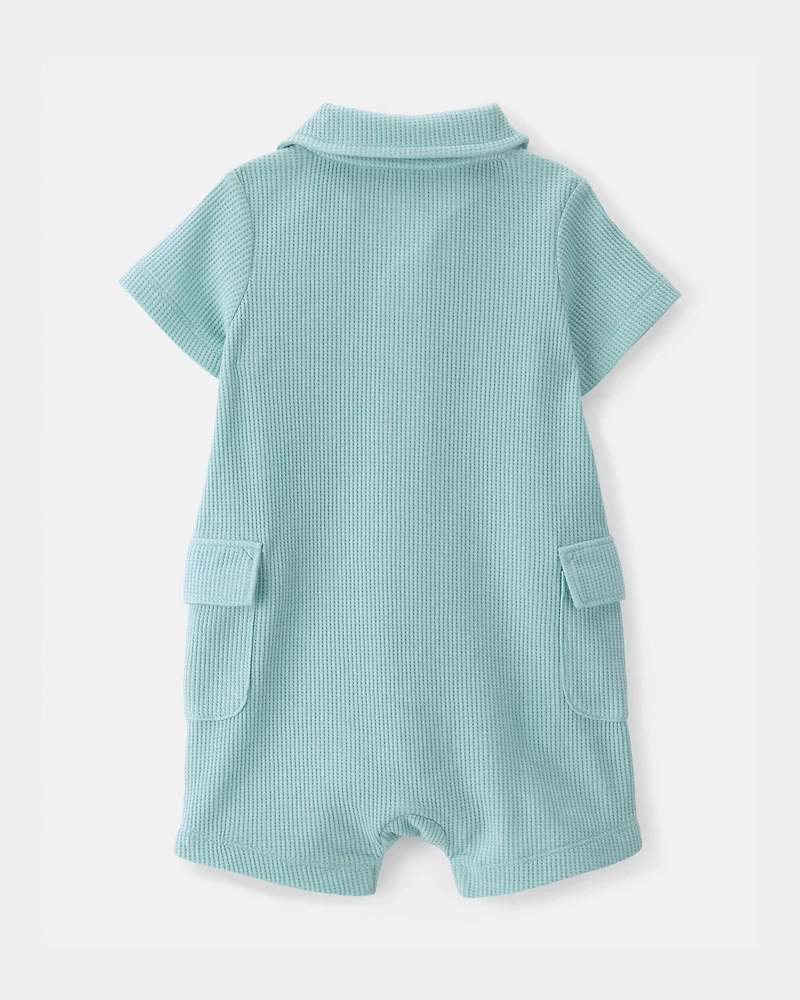 Baby Boy Waffle-Knit Polo Romper - Turquoise
