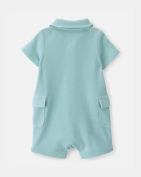 Baby Boy Waffle-Knit Polo Romper - Turquoise