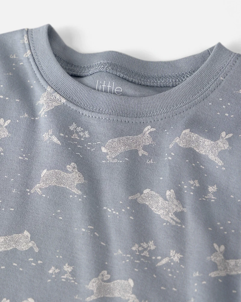 Kid 2-Piece Organic Cotton Ribbed Pajama Set in Blue Bunnies Print