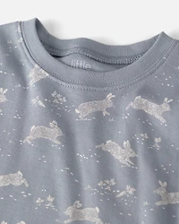 Kid 2-Piece Organic Cotton Ribbed Pajama Set in Blue Bunnies Print