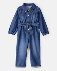 Toddler Girl Denim Cotton Long-Sleeve Jumpsuit - Smokey Wash