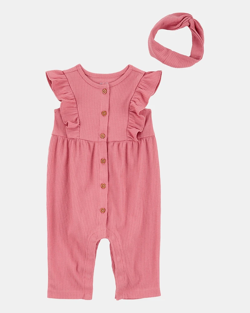 Baby Girl 2-Piece Solid Flutter-Sleeve Relaxed Fit Jumpsuit & Headwrap Outfit Set - Pink