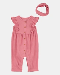 Baby Girl 2-Piece Solid Flutter-Sleeve Relaxed Fit Jumpsuit & Headwrap Outfit Set - Pink