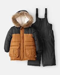 Toddler Boy 2-Piece Color Block Hooded Snowsuit Jacket & Bib Set - Brown/Black