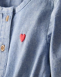 Baby Girl Heart Chambray Long-Sleeve Denim Jumpsuit - Blue