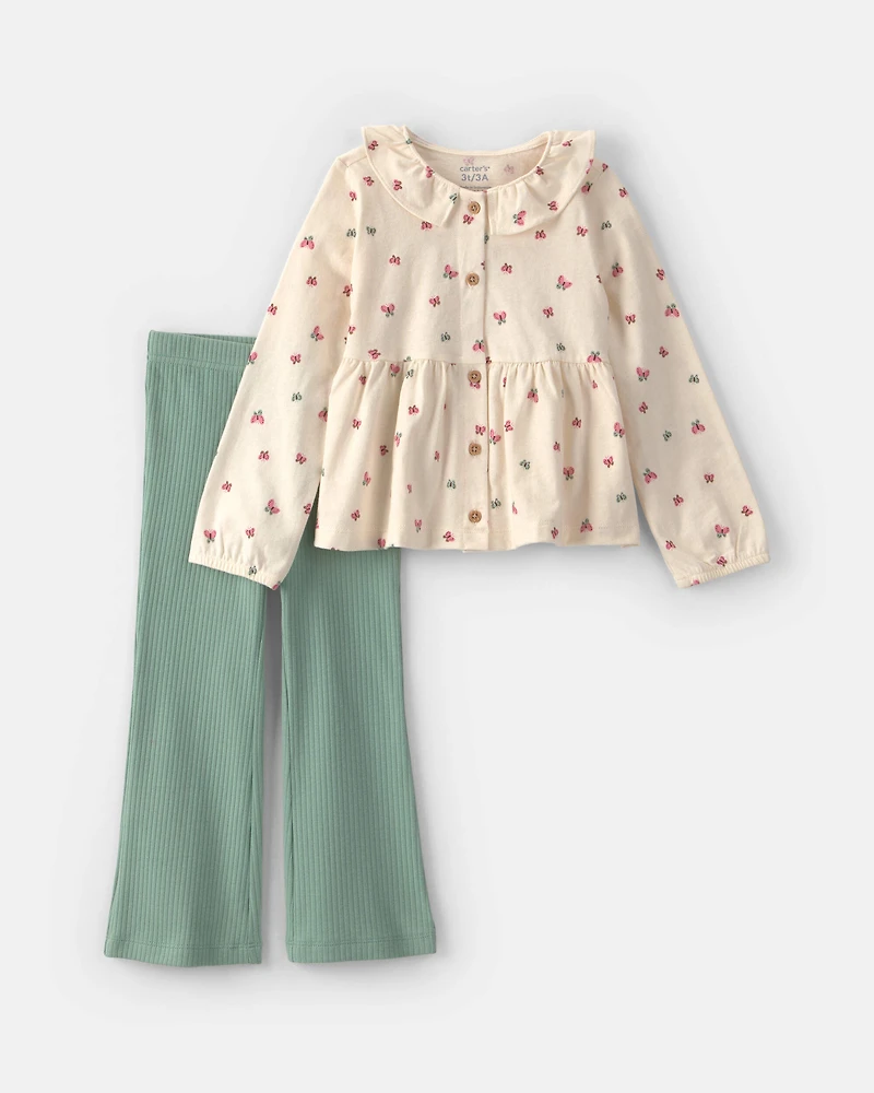 Toddler Girl 2-Piece Butterfly Long-Sleeve Top & Pant Set - Cream/Green