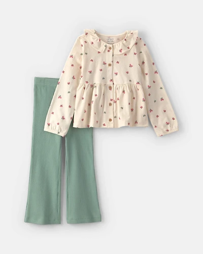 Toddler Girl 2-Piece Butterfly Long-Sleeve Top & Pant Set - Cream/Green
