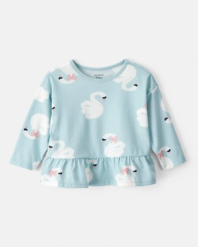Baby Girl Swan Print Long-Sleeve Peplum Top - Blue