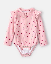 Baby Girl Cherry Long-Sleeve 1-Piece Rashguard Swimsuit - Pink