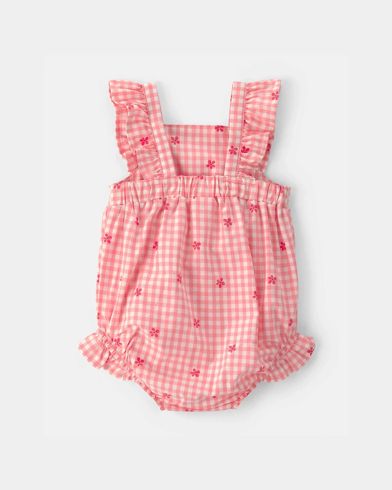 Baby Girl Gingham Flower Romper - Pink