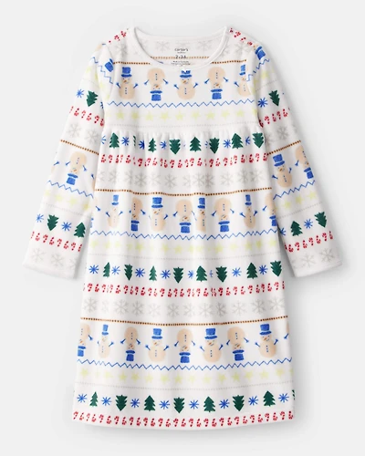 Girls Snowman Fair Isle Fleece Long-Sleeve Loose Fit Night Gown - White