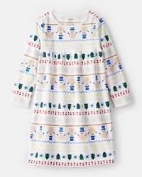 Girls Snowman Fair Isle Fleece Long-Sleeve Loose Fit Night Gown - White