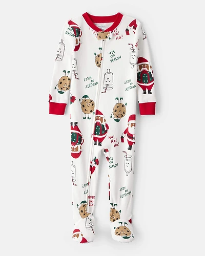 Toddler Brown Santa Milk & Cookies 100% Cotton Long-Sleeve Snug Fit 1-Piece Pajamas - White