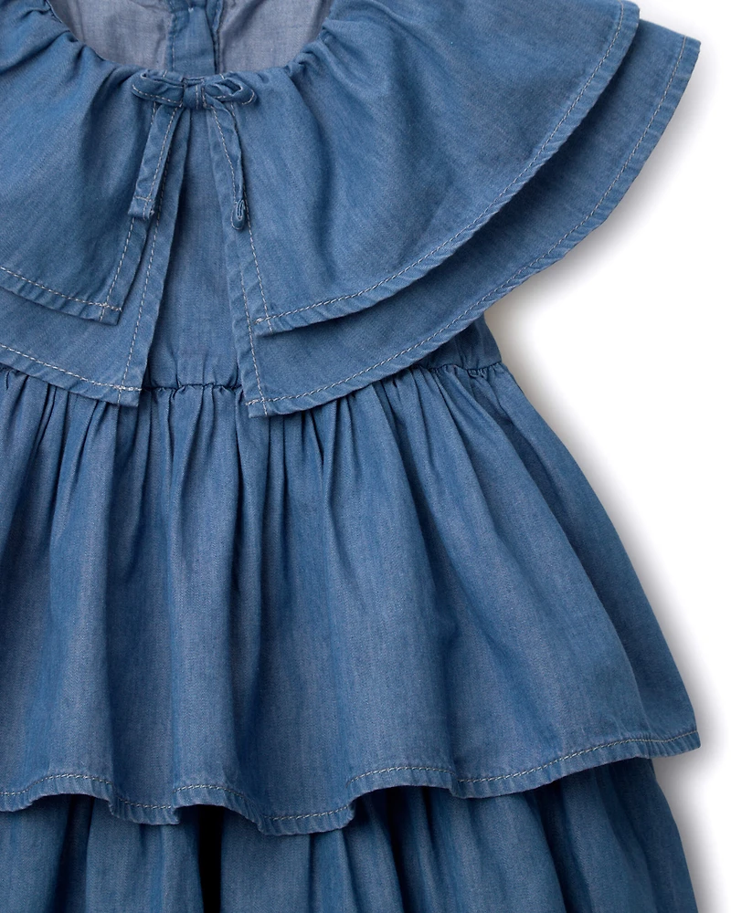 Toddler Girl Ruffle Tiered Dress in Chambray - Blue