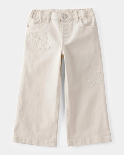Toddler Embroidered Stretch Denim Wide Leg Jeans - Cream