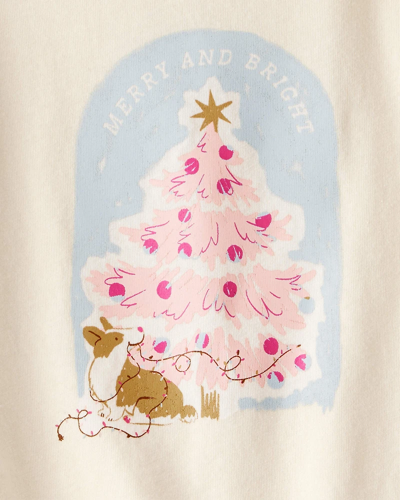 Toddler Girl Christmas Merry & Bright Corgi Long-Sleeve Graphic Tee - Cream