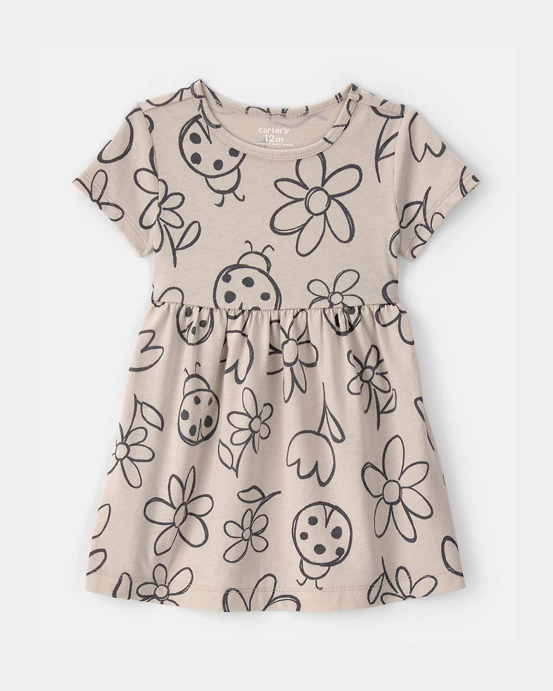 Baby Girl Floral Ladybug Short-Sleeve Dress - Brown