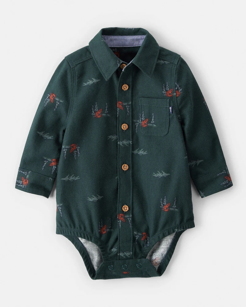 Baby Boy Woodland Fox Long-Sleeve Button-Down Bodysuit - Green