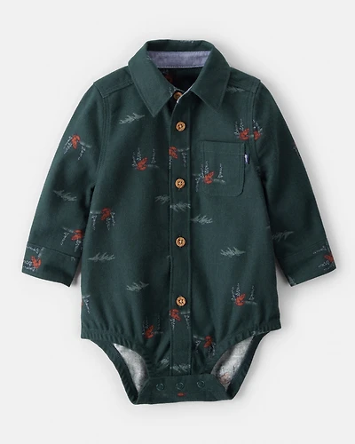 Baby Boy Woodland Fox Long-Sleeve Button-Down Bodysuit - Green