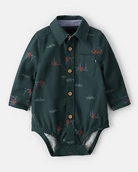 Baby Boy Woodland Fox Long-Sleeve Button-Down Bodysuit - Green