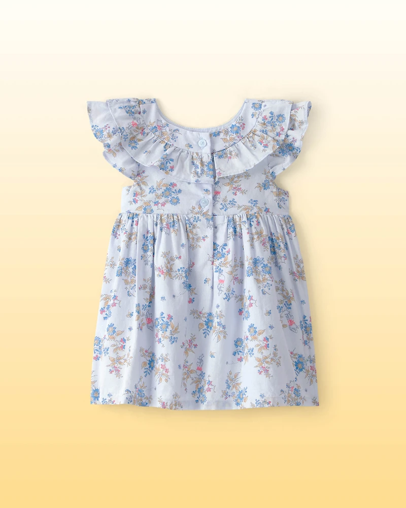 Baby Girl Disney© Winnie the Pooh Floral Dress with Ruffle Neckline - Blue