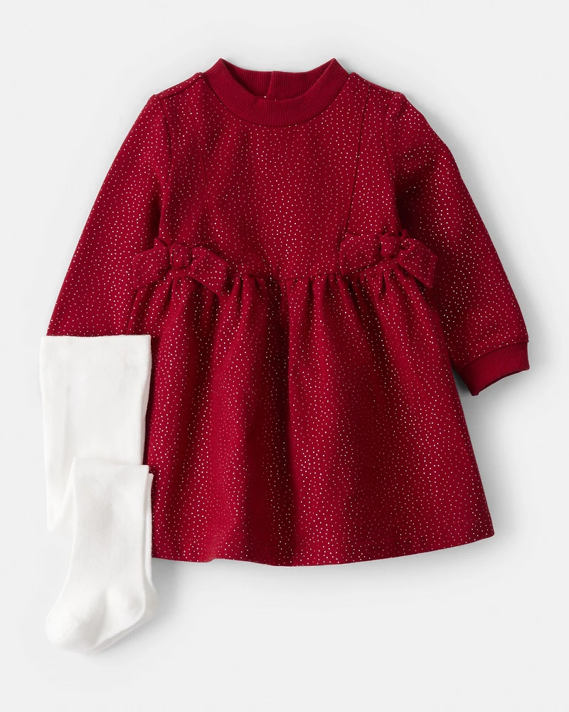 Baby Girl DayDream Fleece Bow Glitter Dress Set - Red