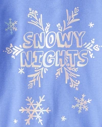 Girls Snowflake Print 100% Cotton Long-Sleeve Snug Fit 4-Piece Pajamas - Blue
