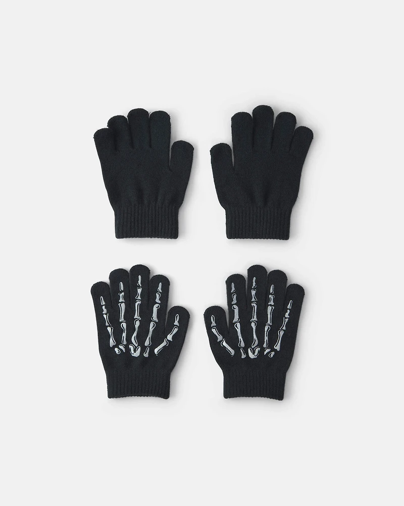 Boys 2-Pack Skeleton Halloween Winter Gloves - Black