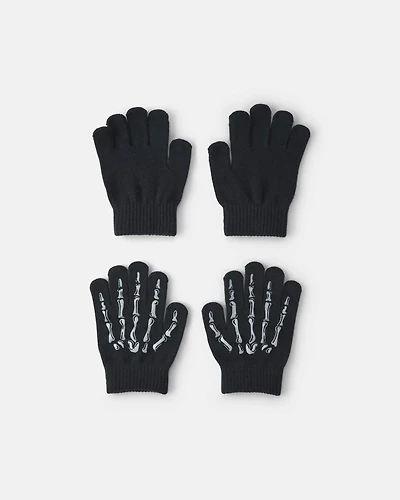 Boys 2-Pack Skeleton Halloween Winter Gloves - Black