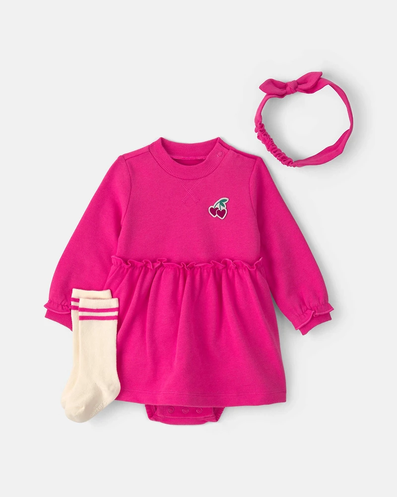 Baby Girl 3-Piece Cherry French Terry Long-Sleeve Dress Set - Pink