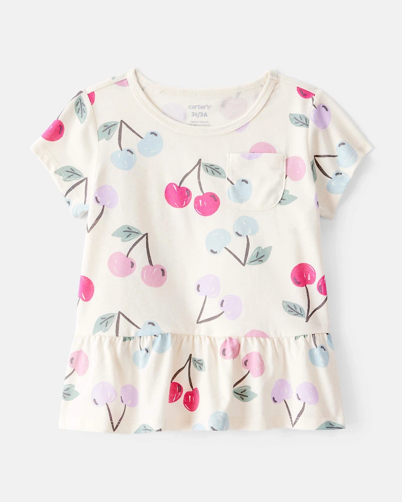 Toddler Girl 2-Piece Cherry Print Peplum Top & Solid Stretch Leggings Set - Ivory/PInk