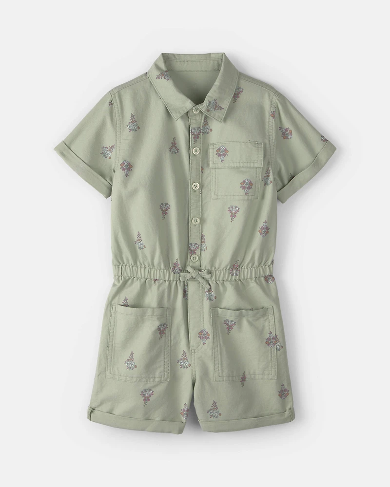 Girls Floral Cargo Romper - Green