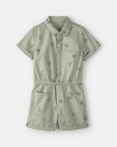 Girls Floral Cargo Romper - Green