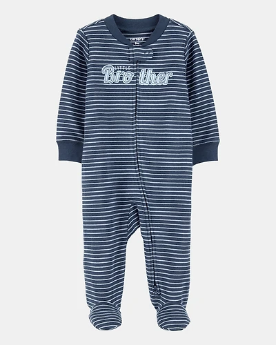 Baby Boy Striped Little Bro 2-Way Zip Cotton Sleep & Play Pajamas - Blue