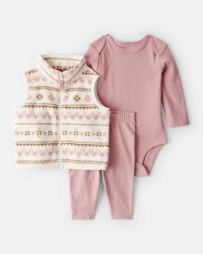 Baby Girl 3-Piece Fair Isle Sherpa Vest Outfit Set - Pink