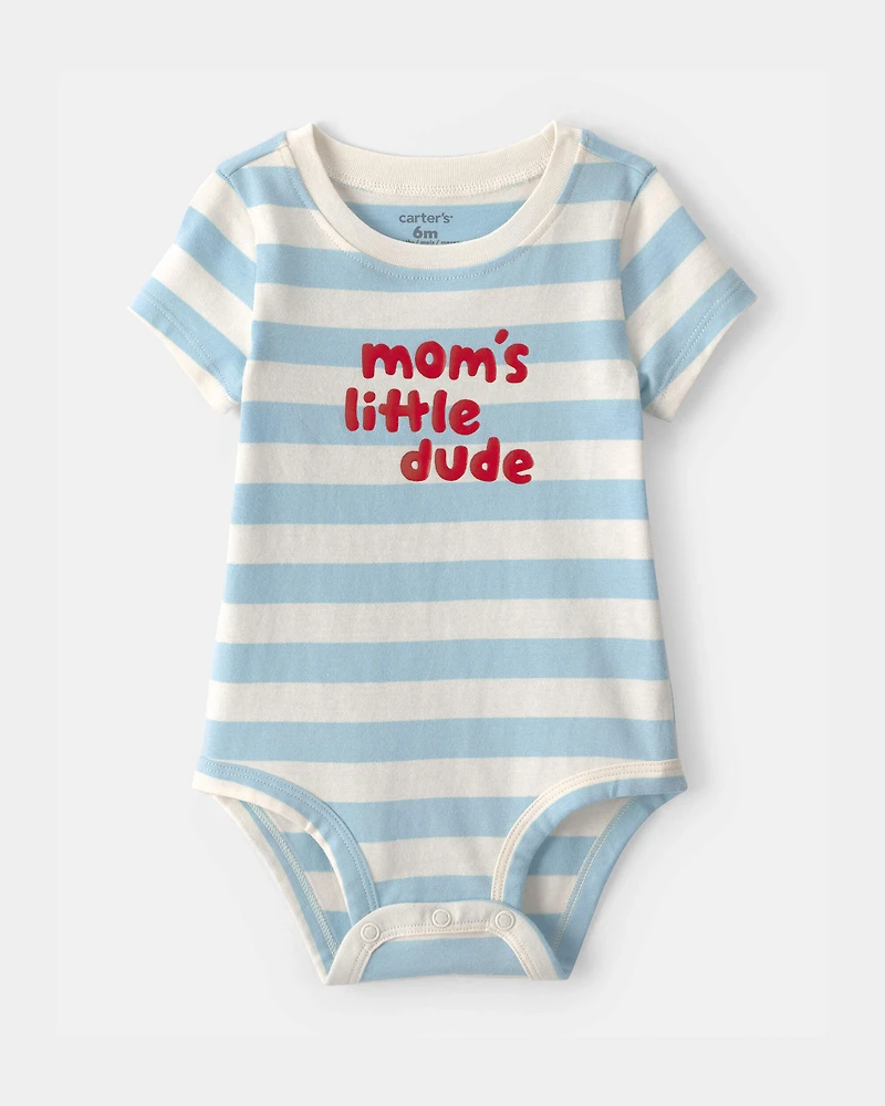 Baby Boy 'Mom's Little Dude' Striped Graphic Bodysuit - Blue/Ivory