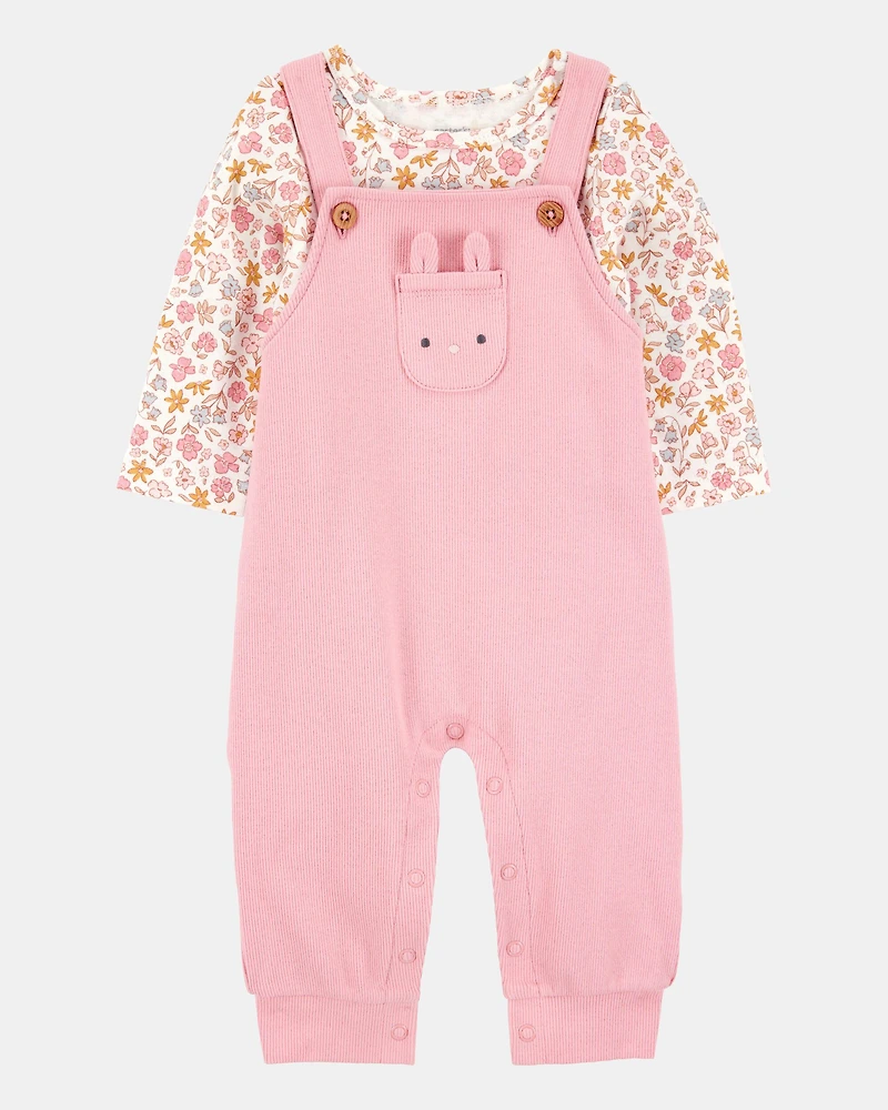 Baby 2-Piece Floral Bunny Long-Sleeve Tee & Coverall Set - Pink