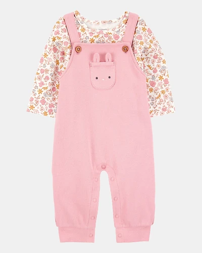 Baby 2-Piece Floral Bunny Long-Sleeve Tee & Coverall Set - Pink