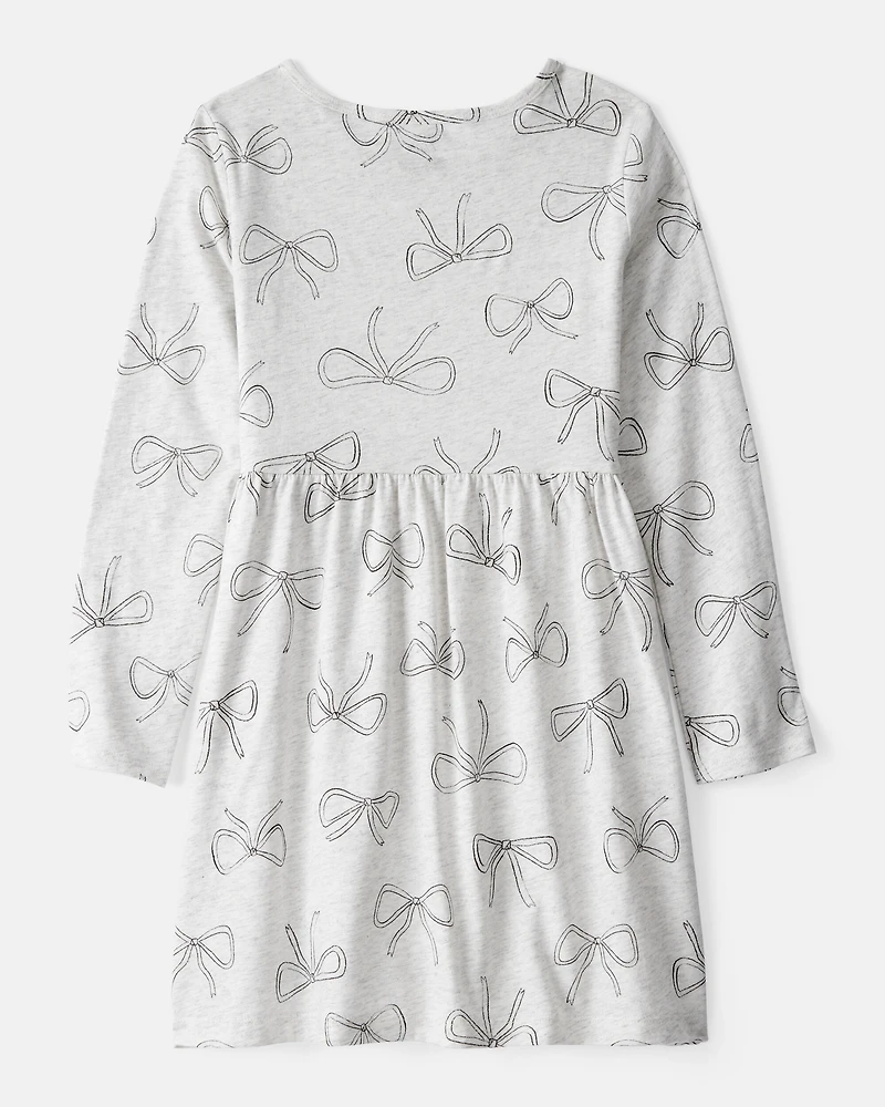 Girls Bow Print Long Sleeve Cotton Dress - Grey
