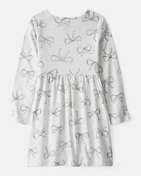 Girls Bow Print Long Sleeve Cotton Dress - Grey